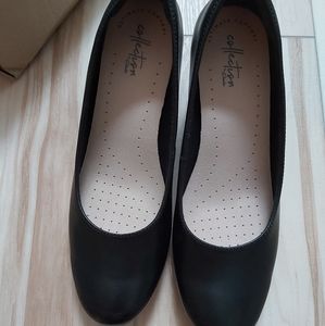Clarks black leather wedge heels